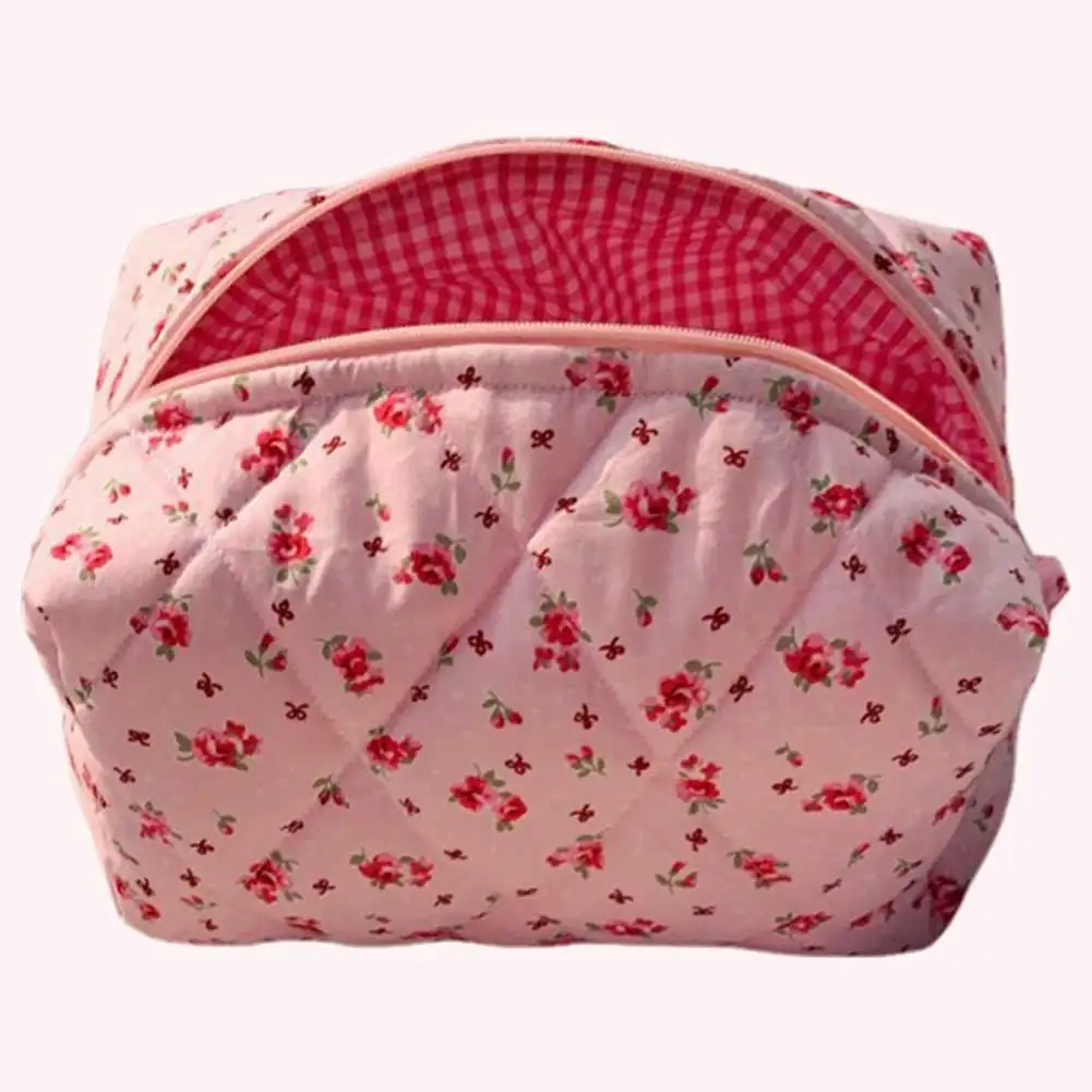 

Cute Floral Cosmetic Bag with Zipper Quilted Makeup Organizer Storage Bag Soft Cosmetic Organizer Case for Women and Girls