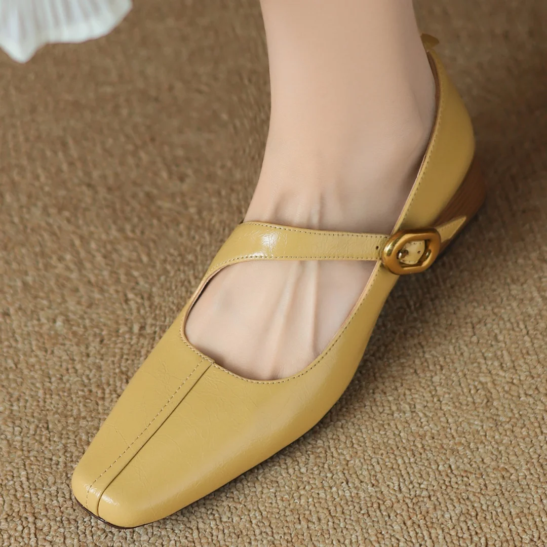 2025 Spring new women\'s genuine leather narrow band cross strap slip-on pumps elegant ladies square toe OL style heeled shoes