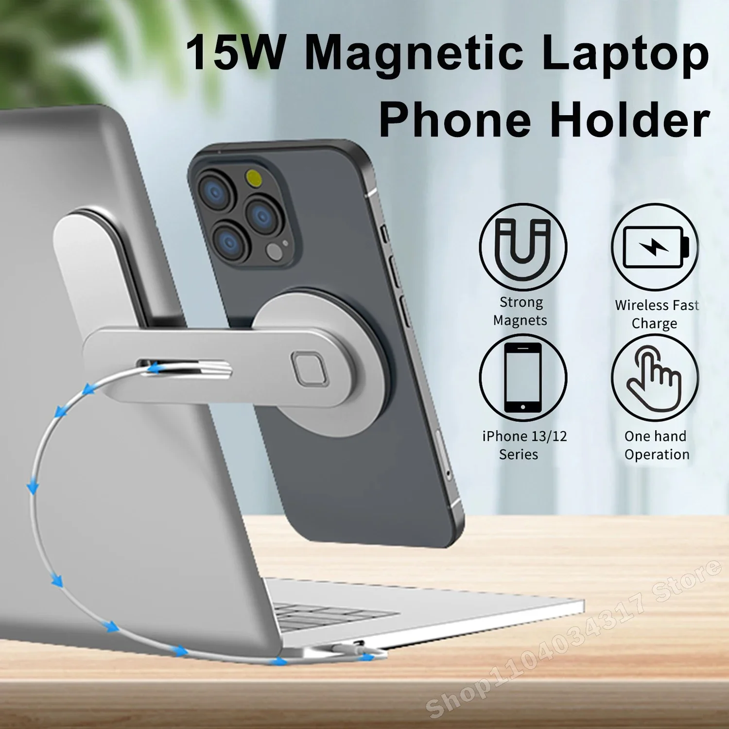 Laptop Phone Holder 15W Fast Wireless Laptop Charger Laptop Phone Mount Compatible for iPhone12/13/14/15 Magnetic Phone Holder