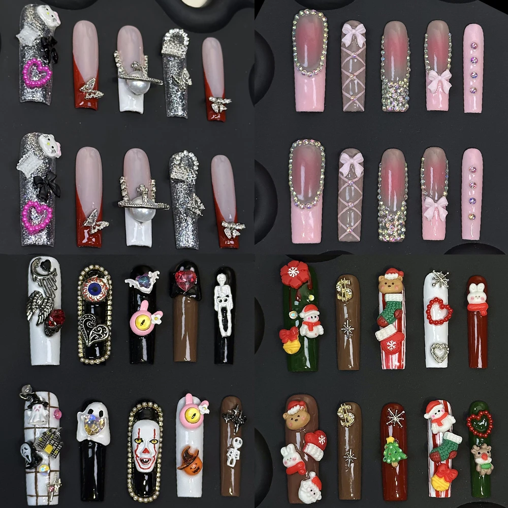 

10Pcs Y2K Long Coffin XL Square Handmade Press On Nails Christmas Spice Girl Magic Mirror Powder Diamond French Fake Nails