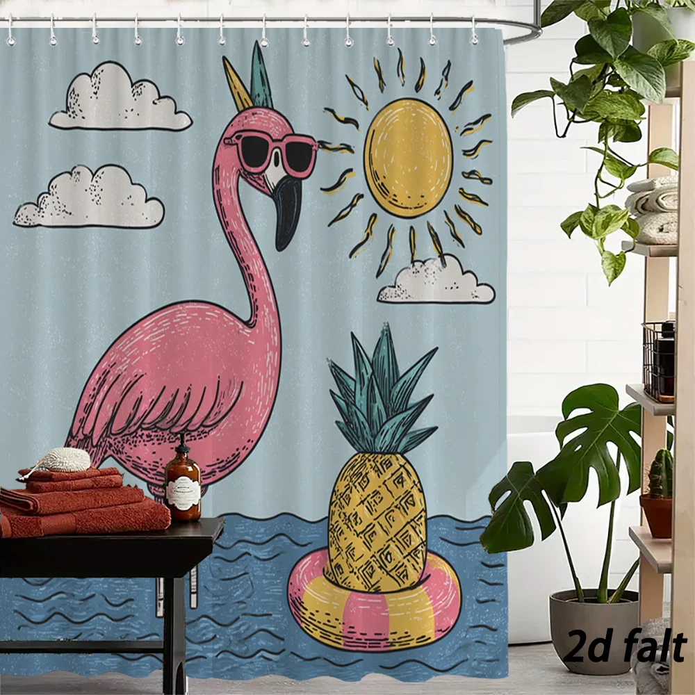 Tropical Flamingo Beach Scene Shower Curtain with Sun, Pineapple, and Clouds for Bathroom Decor