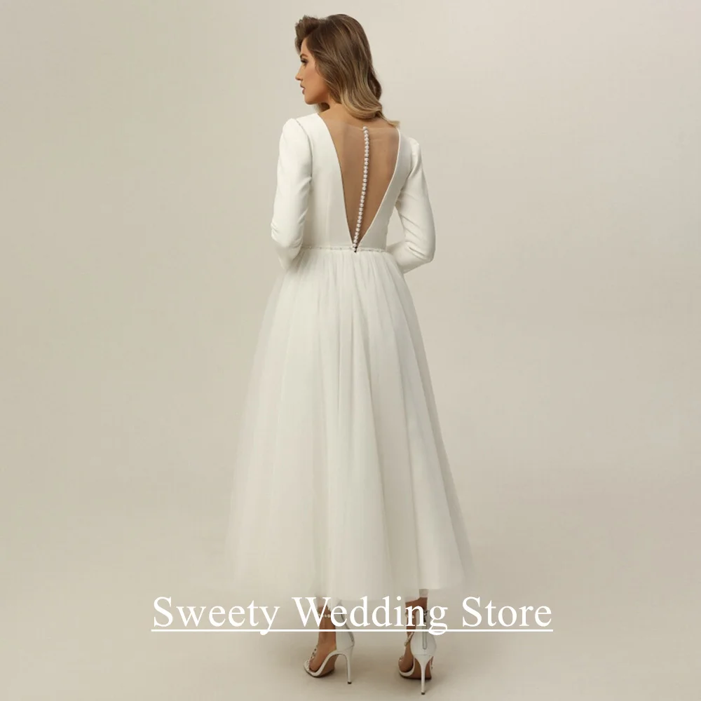 Short Wedding Dress Robe De Mariee Customized V Neck Long Sleeves Beading Belt A Line Bridal Gown Ankle Length Bride Dresses