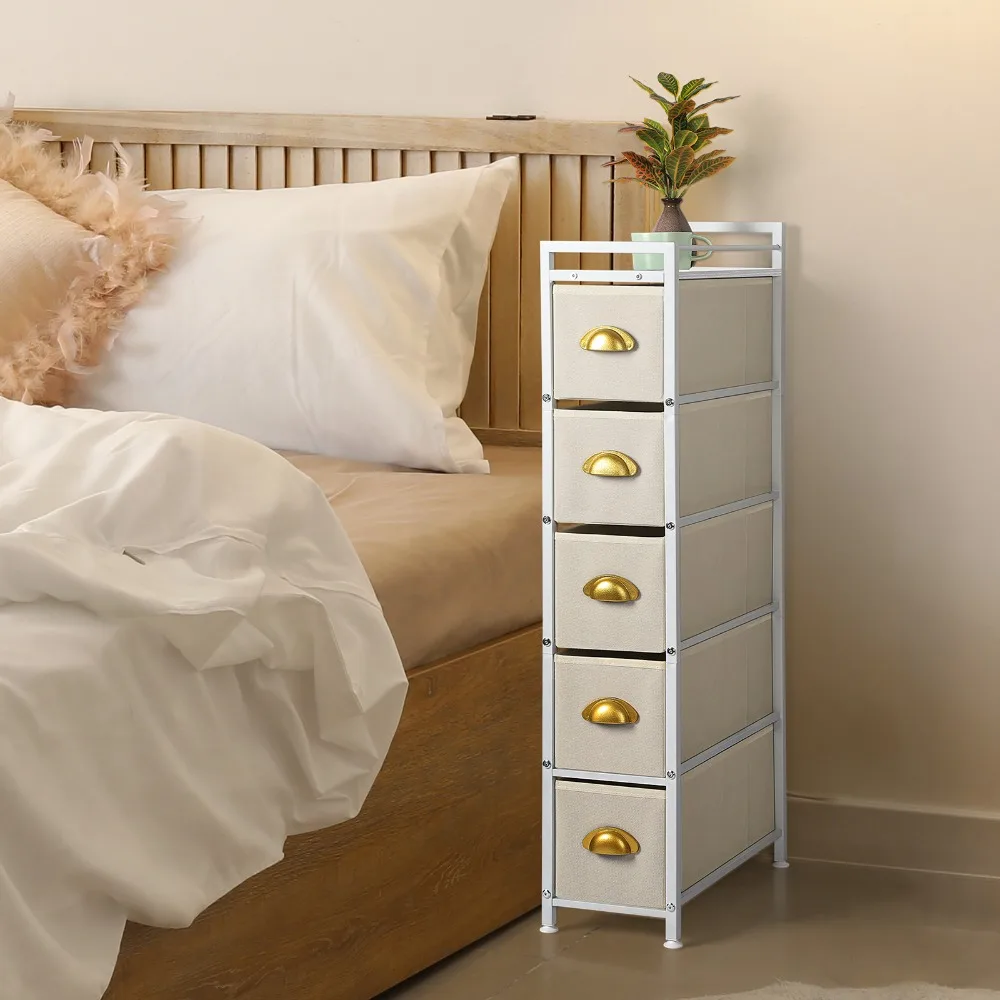 

5 Tier Narrow Dresser |Large Capacity Fabric Drawer, Stable Adjustable Feet| Slim Standing Vertical Storage Chest for Laund