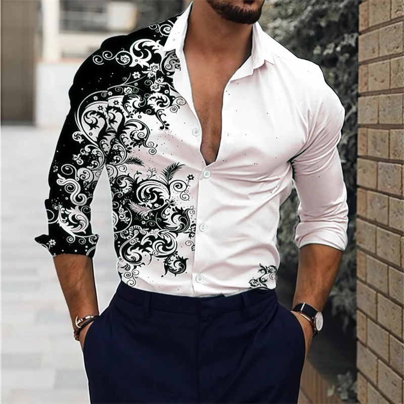 15 color new men\'s shirt lapel long -sleeved casual shirt 3D printing high -definition pattern comfortable fabric oversized size