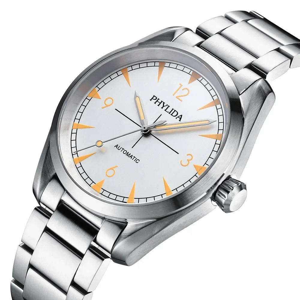 PHYLIDA 40mm 남성용 자동 시계 클래식 기계식 손목 시계 실버 다이얼 NH38A 무브먼트 100M 방수