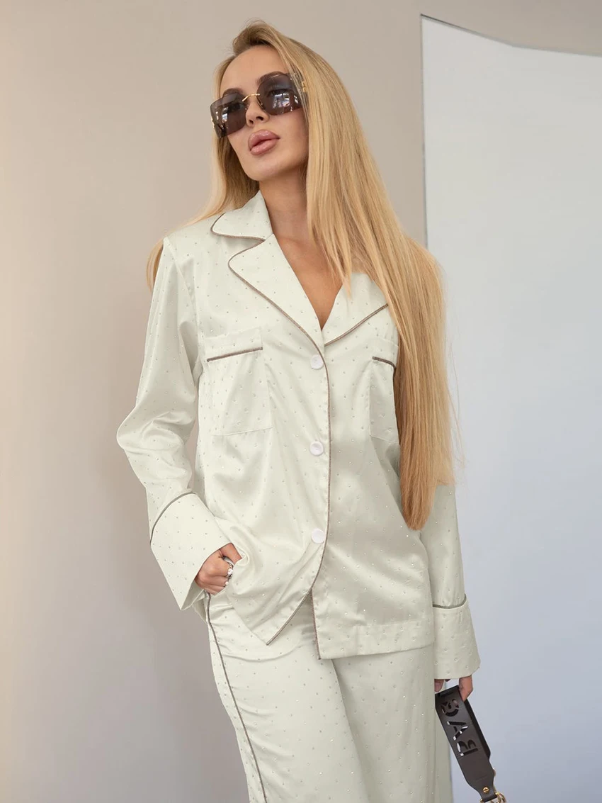 Marthaqiqi Casual Female Pajamas Set Long Sleeve Sleepwear Turn-Down Collar Nightwear Pants Loose Women Nightgowns 2 Piece Suits