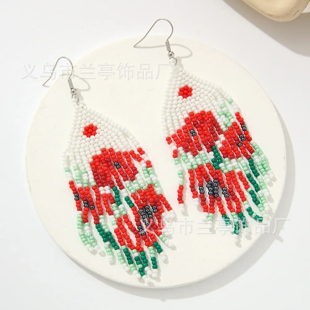 Beaded earrings Tassel Rose Design Originality Hand knitting Bohemia Alloy Tide Simple Versatile Female Rice bead earrings