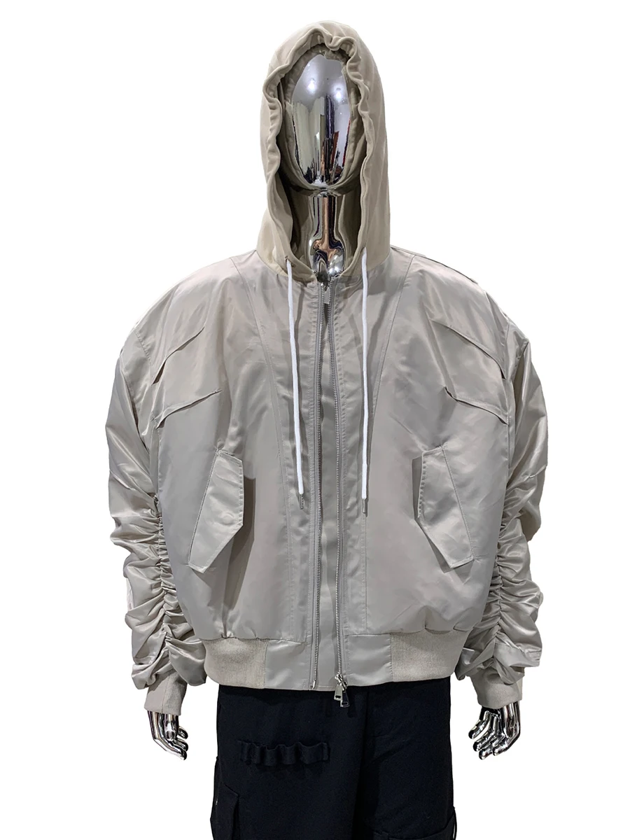 

Осенняя утолщенная теплая блестящая короткая куртка-бомбер для мужчин с капюшоном на шнурке, роскошная дизайнерская поддельная одежда из 2 предметов, уличная одежда 2025 г.