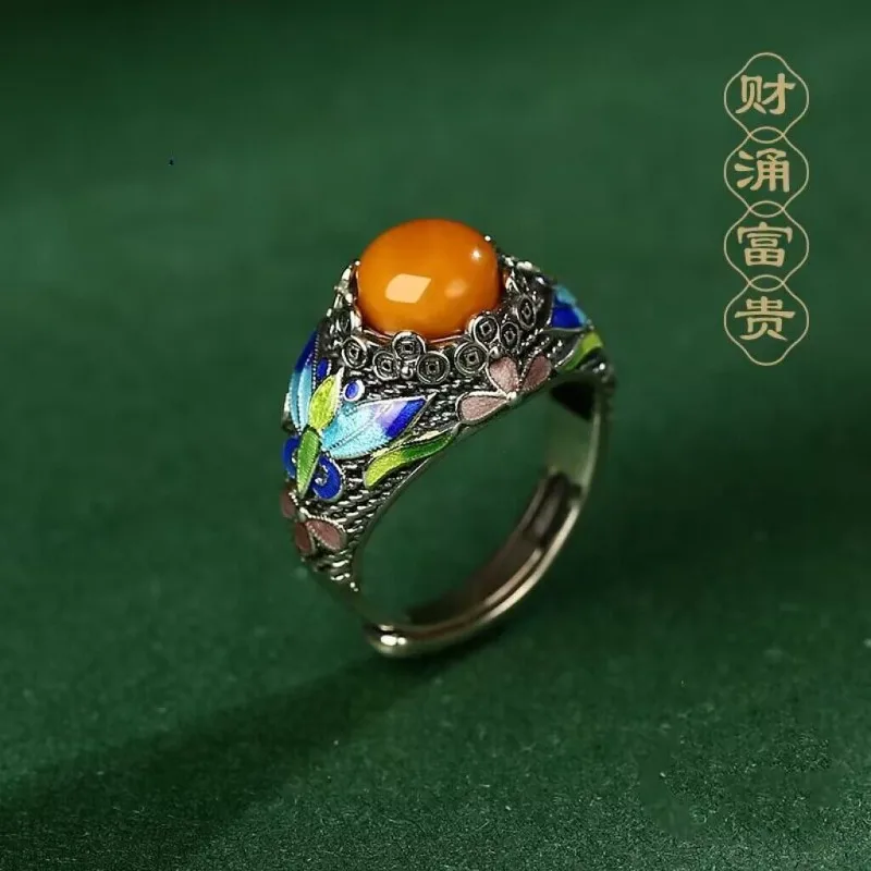 Chinese Antique Style Enamel Natural Amber Ring S925 Sterling Silver Vintage Adjustable Open Band Artisan Craft Gift for Mom