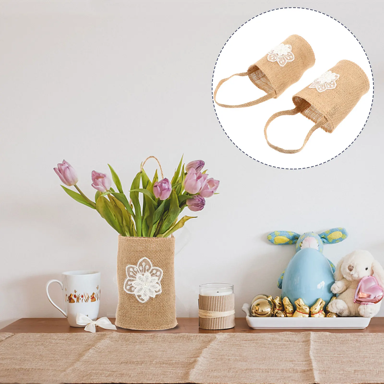 2Pcs Linen Storage Baskets Wedding Decor Burlap Woven Flower Girl Banquet Dry Photography Props Bag Home Storage