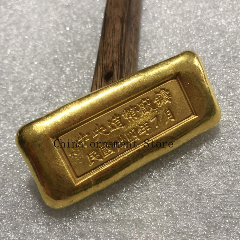 Antique-style brass gold-plated gold ingot, minted in the 34th year of the Republic of China, used as a decorative piece, film p