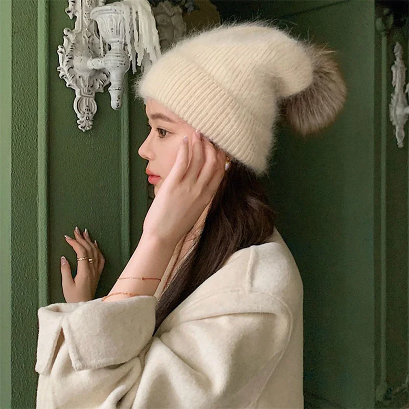 Women's New Korean Edition Woolen Hat Winter Plush Rabbit Hair Blended Knitted Hat Fashion Fox Hair Ball Elastic Casual Hat