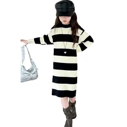 Autumn Winter Baby Girl Sweater Dress French Style Autumn Long Sleeve Child Knitted Sweater Striped Dresses for Kids Age 5-14Y