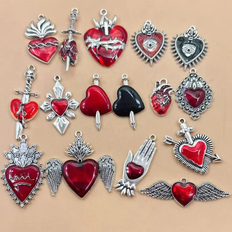 10pcs Flame Sacred Heart Sword Charm Enamel Thorns Sacred Heart Pendant Designer Charms Fit Jewelry Making DIY Jewelry Findings