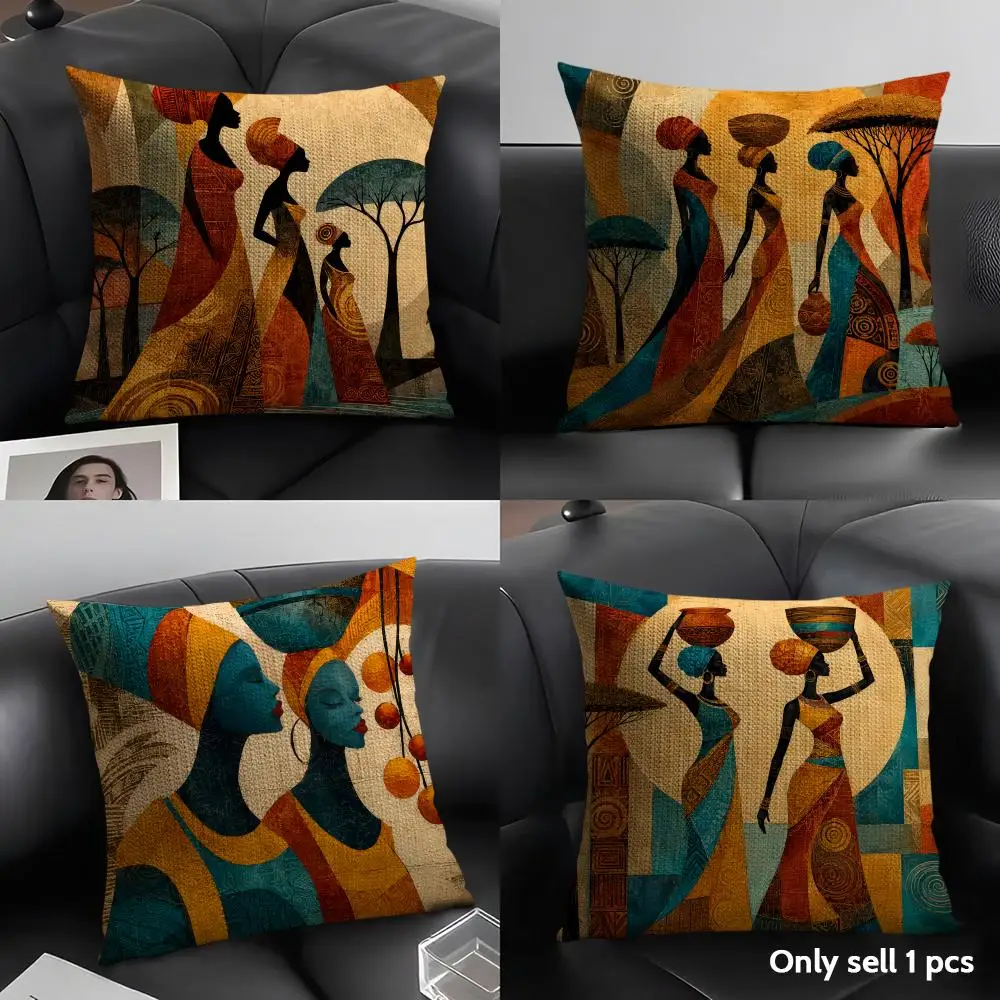 African Women Silhouette Cushion Cover Natural Linen Pillow Case Organic Fabric Double Sided Print Sofa Home Decor Gift