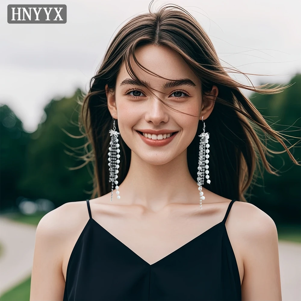 HNYYX anting-anting rumbai mutiara imitasi Korea untuk wanita Aksesori Eardrop geometris kawat telinga panjang berlian imitasi berkilau B01