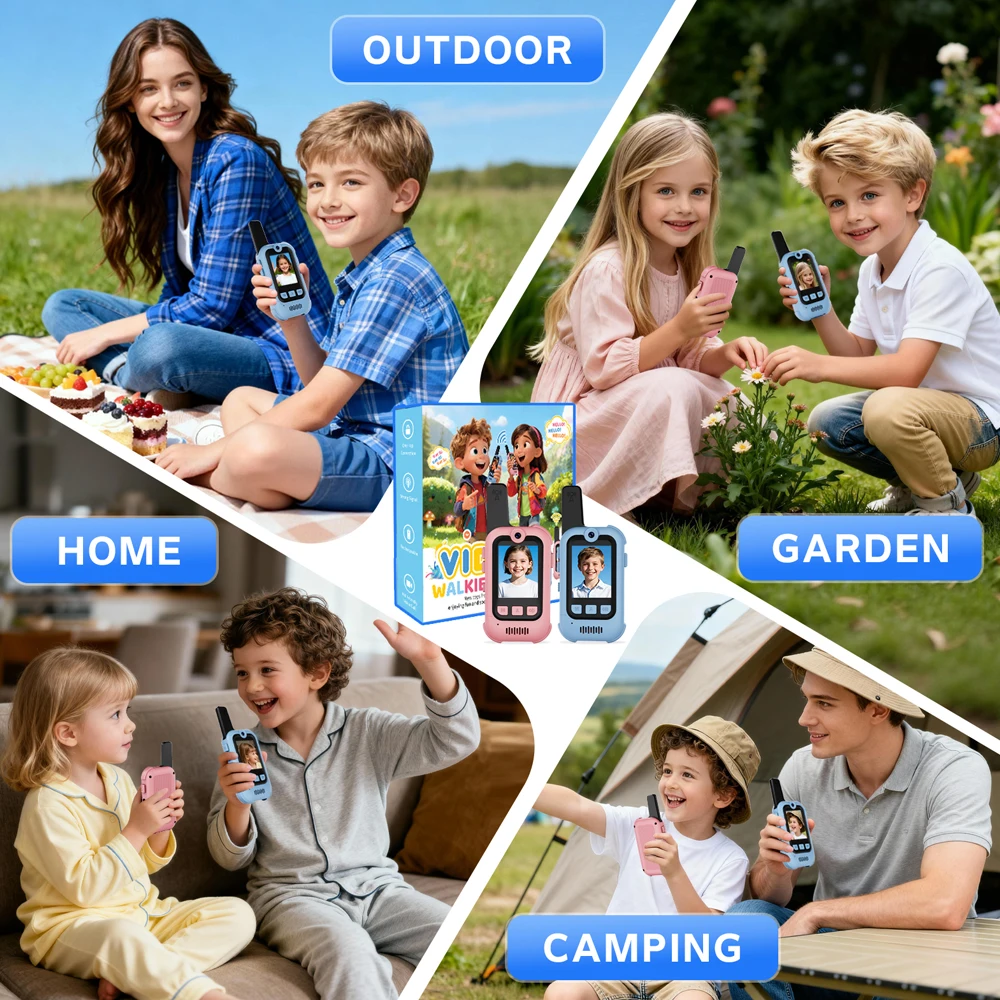 أجهزة اتصال لاسلكية بالفيديو للأطفال - عبوتان من أجهزة اتصال داخلي عبر الفيديو قابلة لإعادة الشحن للأطفال مع مغير صوتي، نطاق طويل 1000 قدم