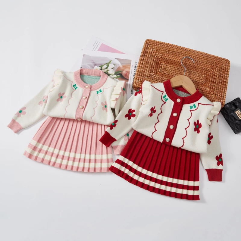 Children's Doll Collar Sweater Set Girls' Autumn and Winter Flower Knitted Cardigan + Pleated Skirt Two-piece Set