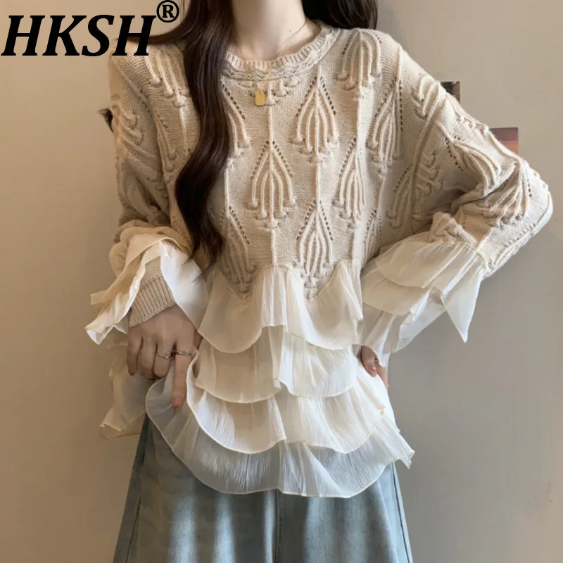 

HKSH Pullover Sweater For Women Autumn New Knitted Patchwork Layered Mesh Ruffles Long Sleeve Temperament Sweet Ins Tops HK10994
