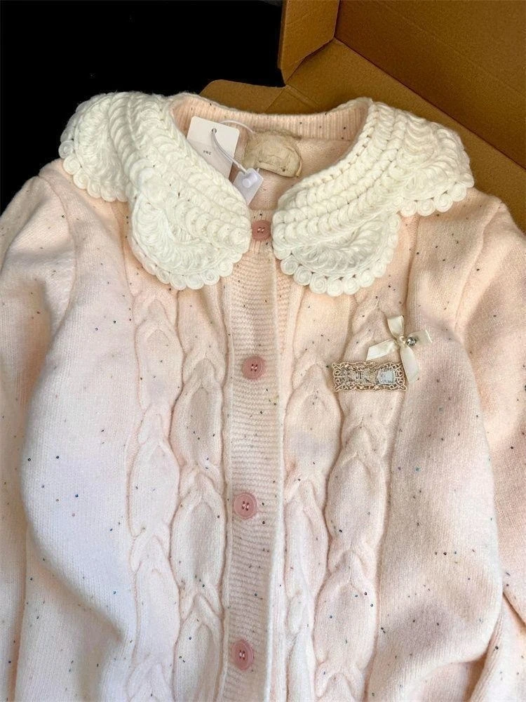 Kawaii Coquette Korean Sweet Pink Loose Petite Knitted Cardigan Women Peter Pan Collar Bowknot Lace Trim Winter Harajuku Outfit