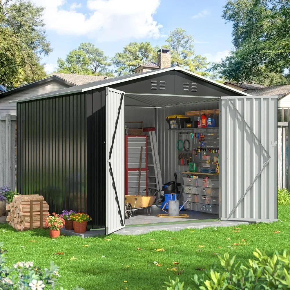 8x8 FT Outdoor Storage Shed, Large Garden Shed with Updated Frame Structure and Lockable Doors, Metal Tool Sheds