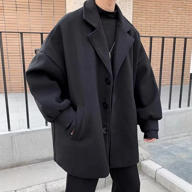 

plus Size Autumn Winter Men's Woolen Coat Loose Casual High-End Feel Windbreaker Jaet Outerwear for Young Men Daily Wear