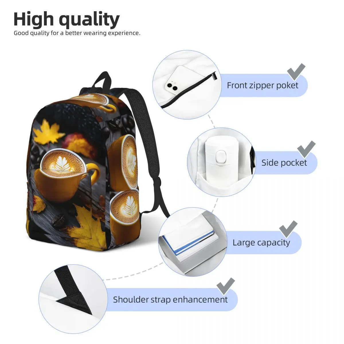 Autumn Latte A Cozy Coffee Moment With Golden Leaves Backpack Student Boys Girls BookBag Kids School Bag Laptop Shoulder Bags
