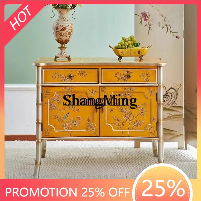 

FG retro painted shoe cabinet golden bamboo living room storage drawer cabinet art hand painted dining side cabinet