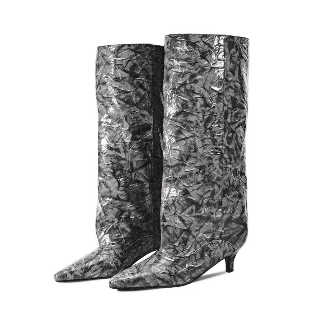 Women Vintage Crinkled Floral Print Knee Length Boots Pointed Low Kitten Heel Footwear for Daily Street Evening Party Dating - view 4