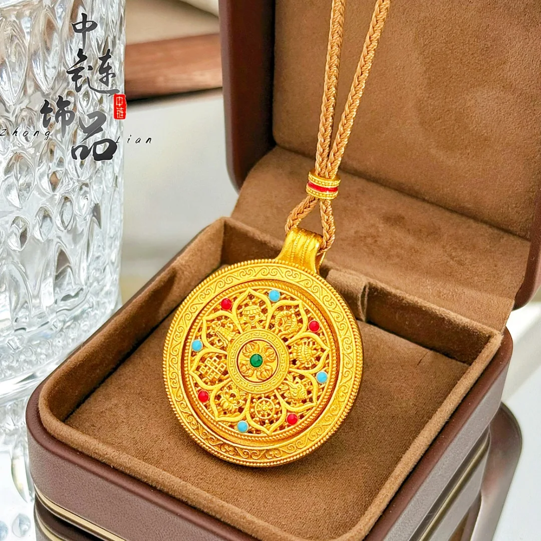 9999 gold enamel-colored rotating eight-symbol compass pendant - New Chinese style diamond staff eight-symbol compass