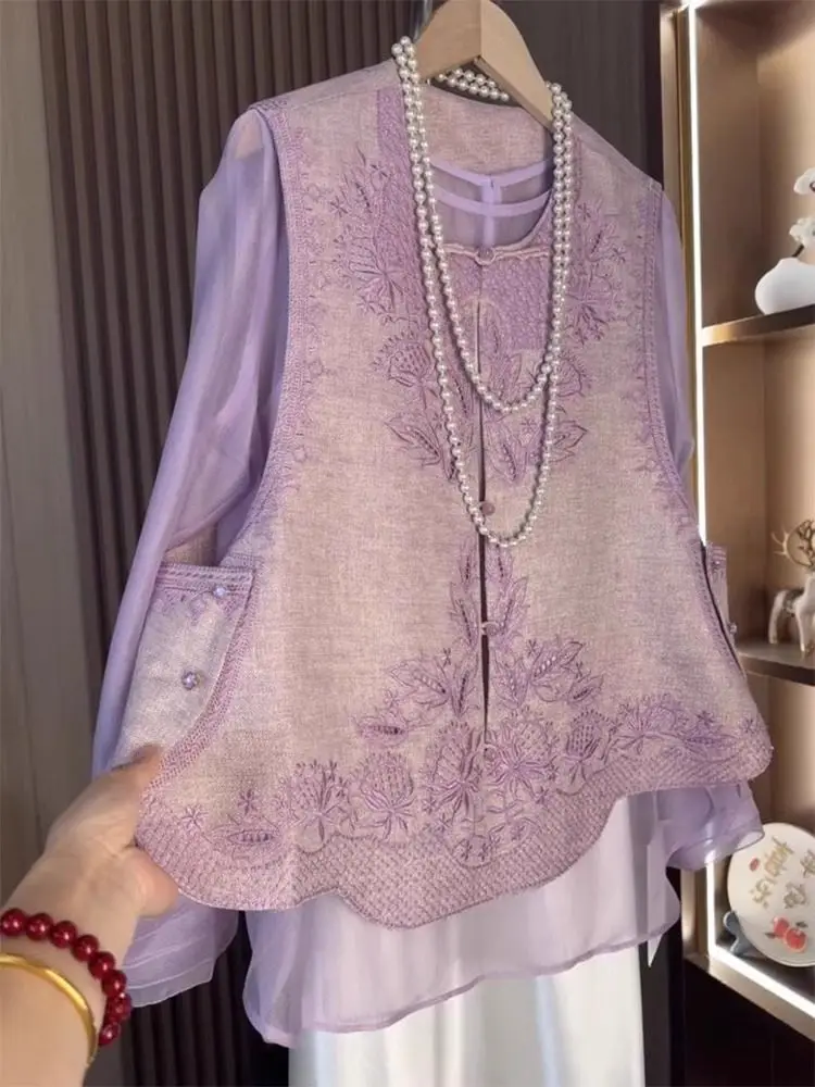 

New Chinese Sle National Trend Set 2026 Early Spring Tang Costume High End Purple Embroidery Vest Sunscreen irt Two Piece...