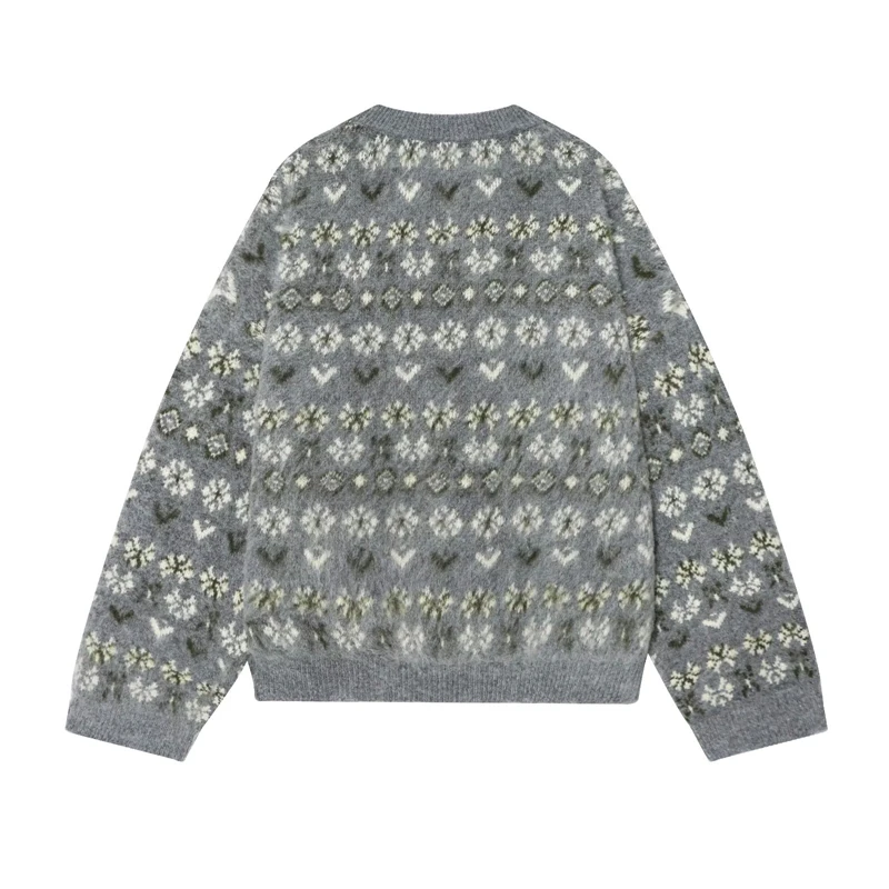 Unisex Floral Pattern Over sized Jumper for Autumn/Winter Trends Vintage Grey Fair Isle Knit Sweater