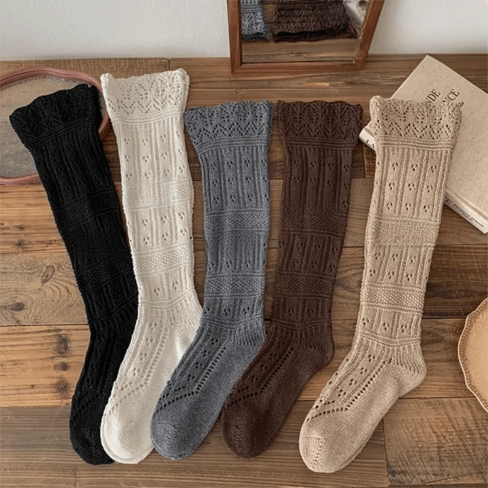 New Knitted Hollow Calf Socks Breathable Harajuku Street Stacked Long Tube Socks Warmth Casual Mid Tube Socks Women Girls