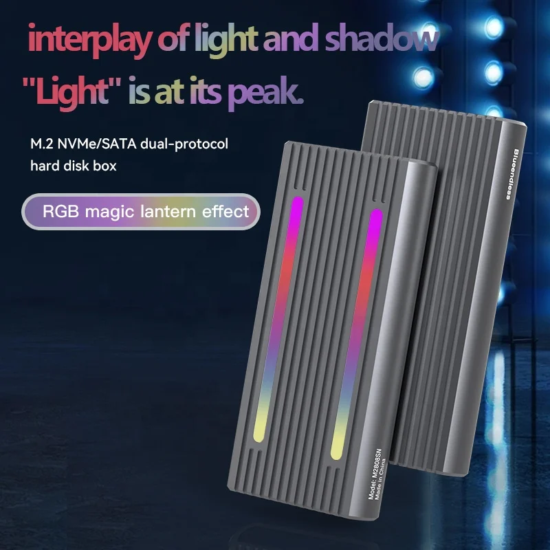 ブルーエンドレス-外部ポータブルエンクロージャー、rgbカラフルライト、デュアルプロトコル、nvme sata、2 in 1 nvmeツール、無料ケース、m.2