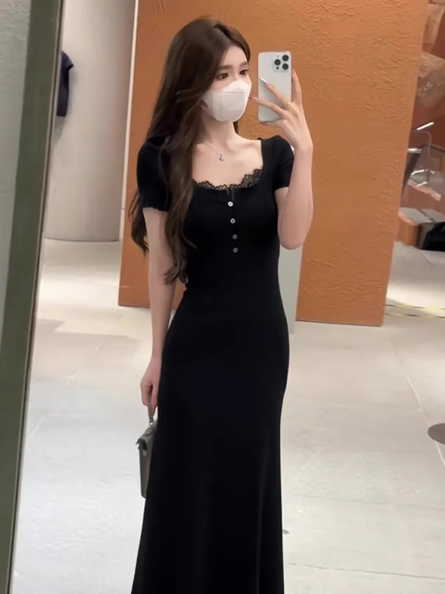 Renda retalhos pescoço quadrado vestido de manga curta elegante temperamento fino ajuste hip abraçando saia longa verão novas roupas femininas