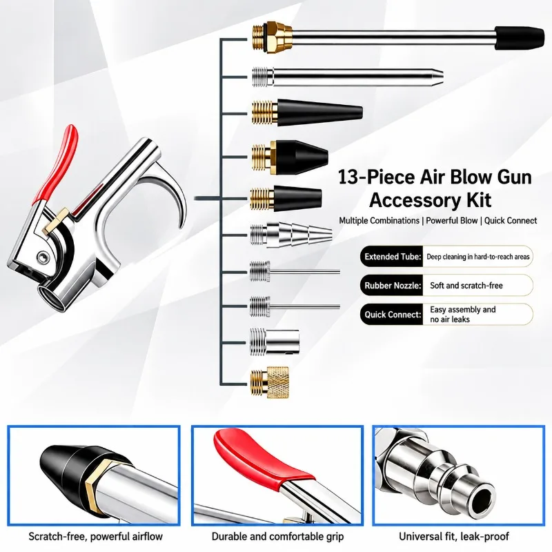 Pneumatic Air Blow Gun Kit Multi Size Replacement Nozzles High Pressure Air Duster Cleaner Automotive Repair Household Dust