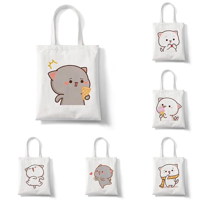 

Peach and Goma Mochi Cat Love Print Shopping Bags for Women Canvas Tote Bags Handbag Reusable Cartoon Shopping Bag Female