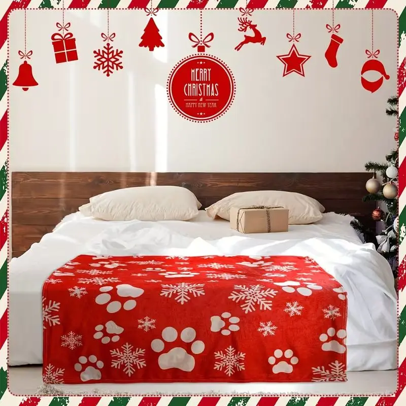 VIKAMA Red Christmas Snowflake Paw Print Flannel Blanket Soft Cozy Throw Blanket Sofa Bedroom Holiday Home Decor Pet Lover Gift