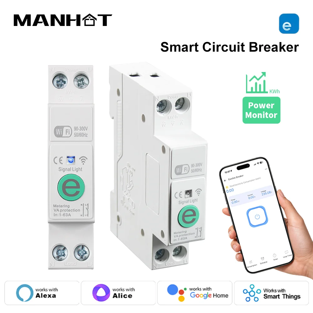 Manhot Ewelink WIFI Smart Circuit Breaker 1-63A Adjustable Energy Monitoring kWh Voltage Current Meter Protector Remote Control