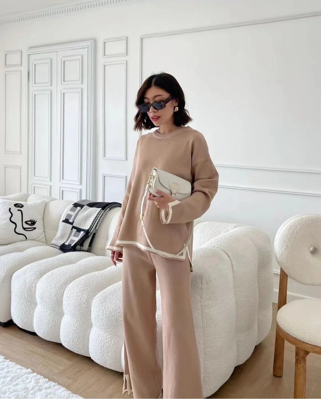 Dzianinowy zestaw damski Home Contrast Split Long Sleeve Knit High Waist Wide Leg Pants Two Piece Outfit Women Casual Loose Pant Suit