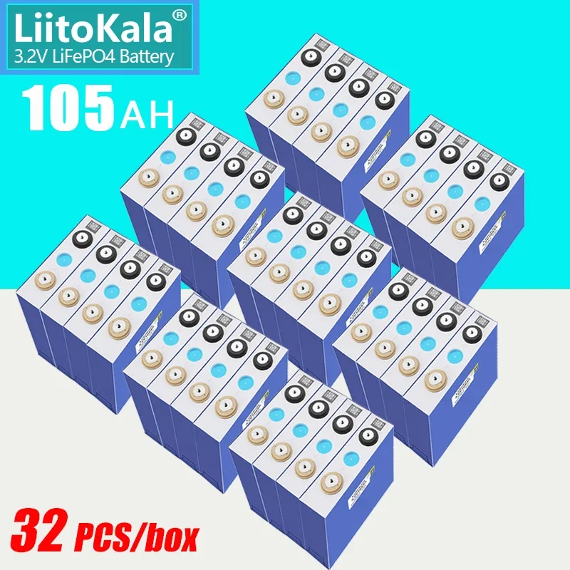 

32pcs 3.2v 105Ah Lifepo4 rechargeable battery 3C 300A High power DIY 12v 24v Electric car EV RV Solar storage golf cart Inverter