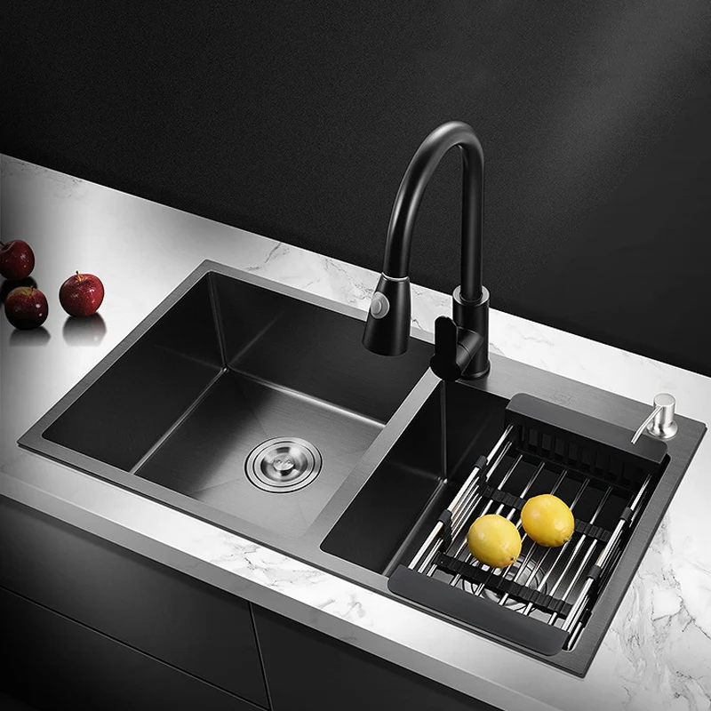 Fregadero de cocina negro Nano de acero inoxidable 304, lavabo de verduras para el hogar, accesorio con grifo de cocina, accesorios de drenaje, montaje superior