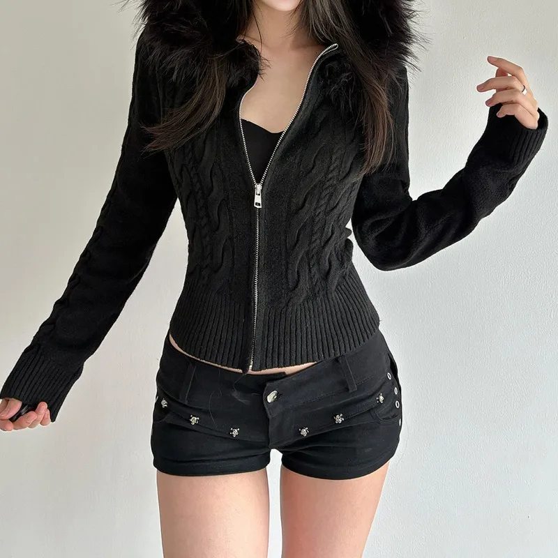 

2026 New Retro Aesthetic Warm Sweater Women Fairycore Y2K Grunge Dark Gothic Streetwear Patchwork Hooded Zipper Knitted Sweater