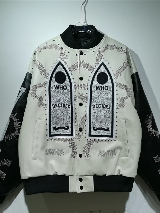 Gothic Totem Embroidery Jacket with Rivet And Rhinestone Double Craft Motorcycle Racing Style Baseball Collar PU Leather Coat