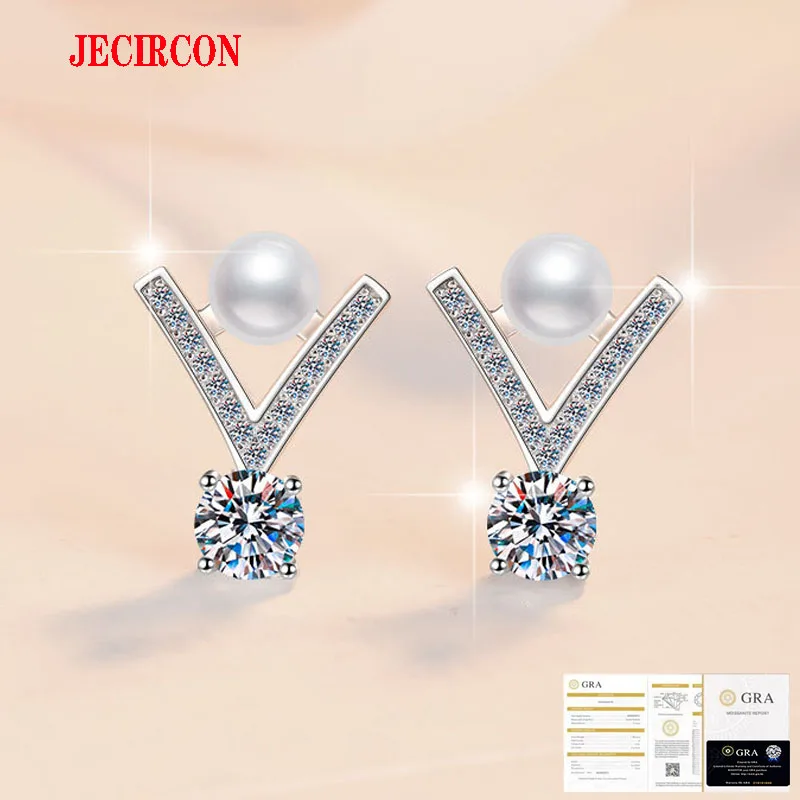 

JECIRCON S925 Sterling Silver Stud Earrings for Women V-shaped Freshwater Pearls D-color Moissanite Light Luxury Fashion Jewelry