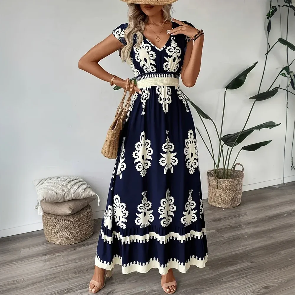 レディースボヘミアン花柄プリント V ネックフリルフライングスリーブスケーターマキシドレス夏の女性の休暇ホリデービーチサンドレスサイズ S-XL