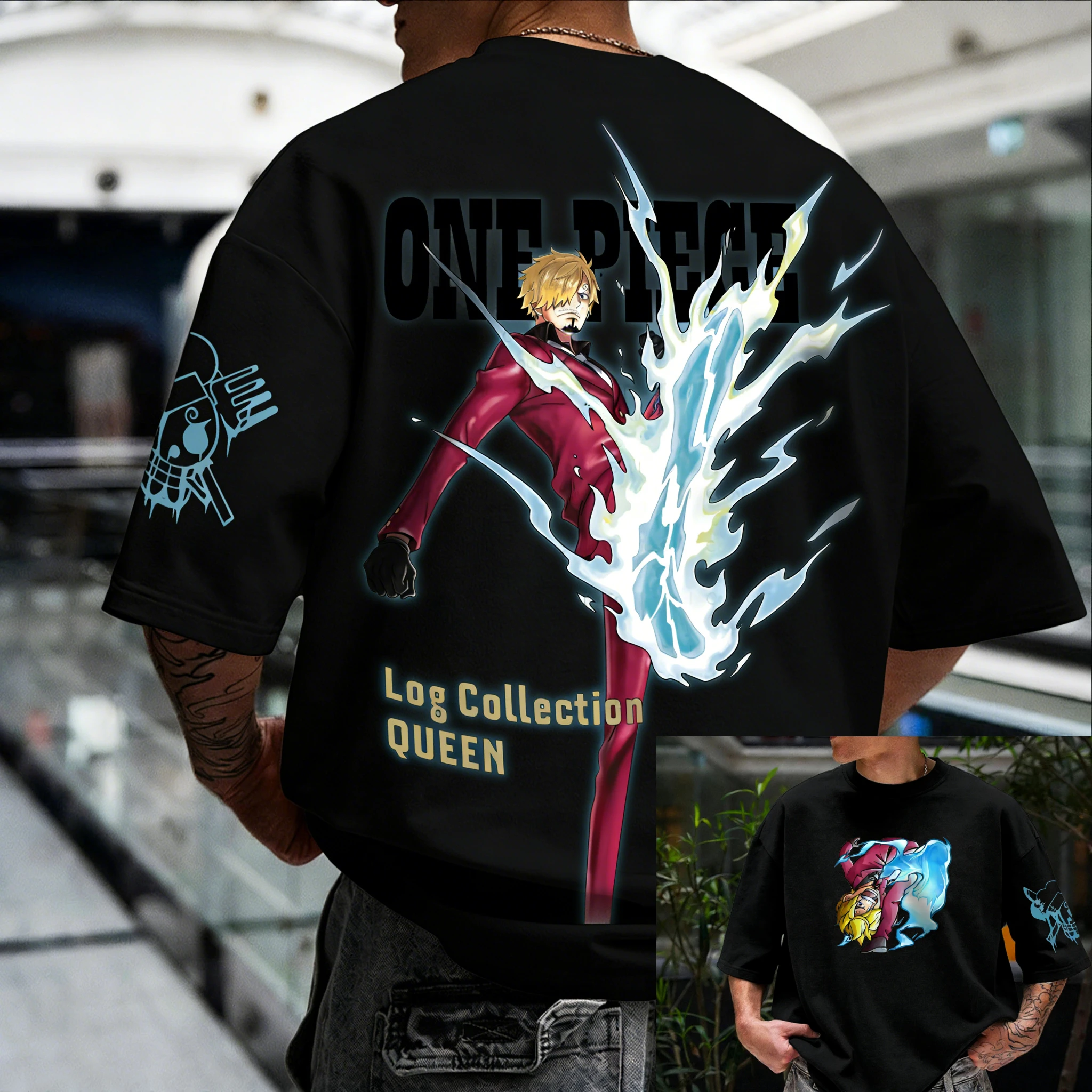 

Новая мужская футболка 2026 года с графическим принтом Санжи и Дьявольского фрукта «Синее пламя», повседневная уличная спортивная футболка для фестивалей и аниме-мероприятий