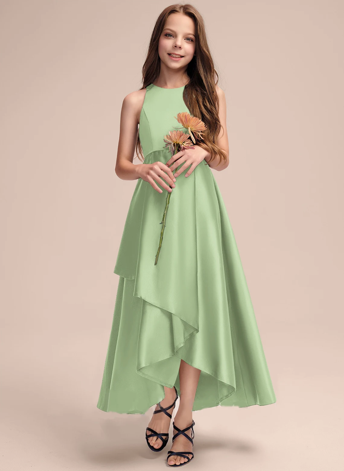 

A-line Scoop Asymmetrical Satin Junior Bridesmaid Dress With Cascading Ruffles