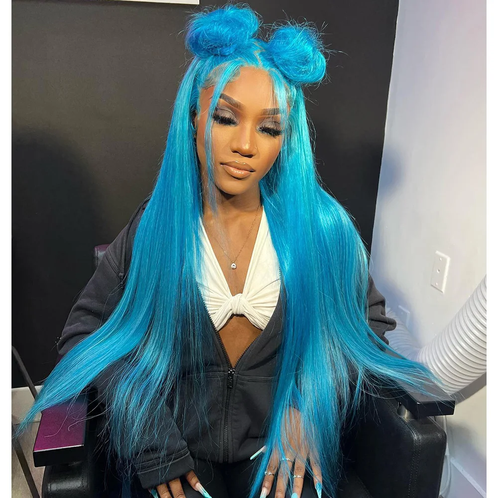 

Linhua Sky Blue Colored 5x5/4x4 Lace Closure Wig Transparent Lace Peruvian Straight 210% Remy #613 13x4/13x6 Lace Frontal Wig