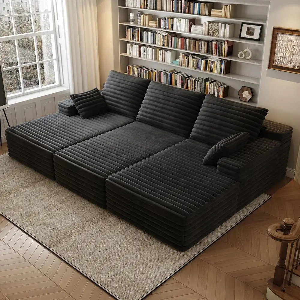 Luxurious Oversized 3-Seater Chaise Lounge, Plush Sectional Sofa Bed, Deep Seating Sleeper Couch with Pillows, Memory Foam Sofa